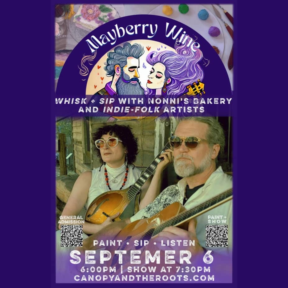 A purple concert poster advertising Mayberry Wine playing at Canopy + The Roots on Sept. 6, 2025