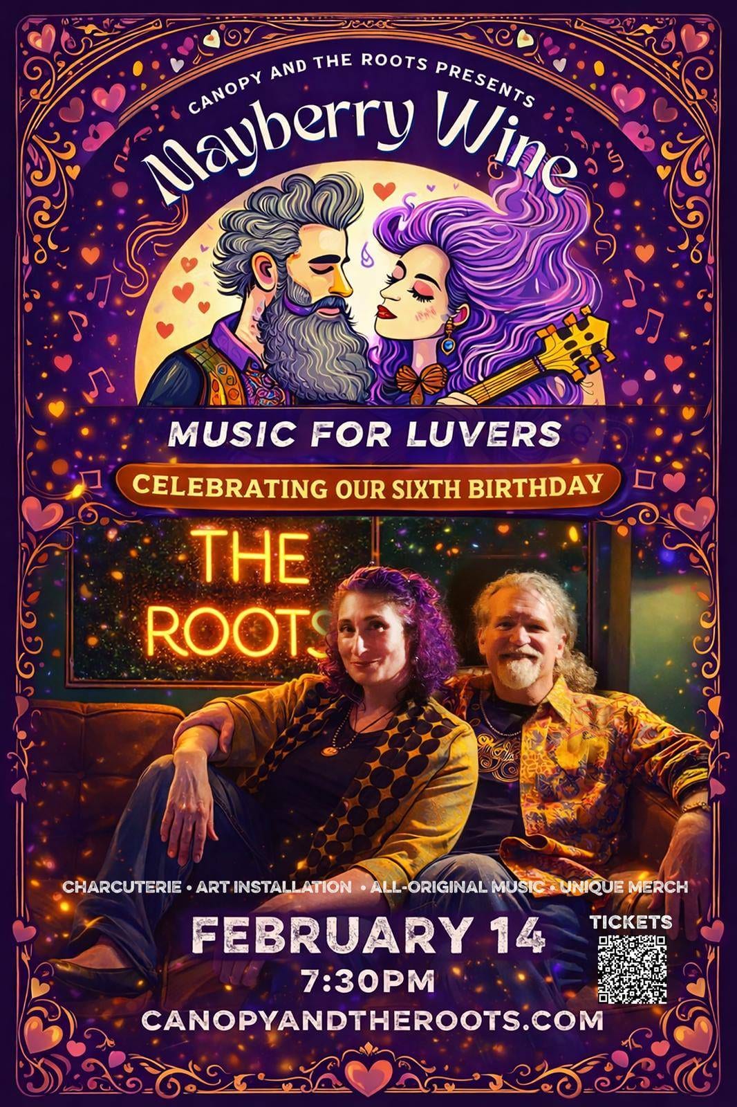 Concert poster promoting Mayberry Wine at Canopy and the Roots on Feb. 14, 2026